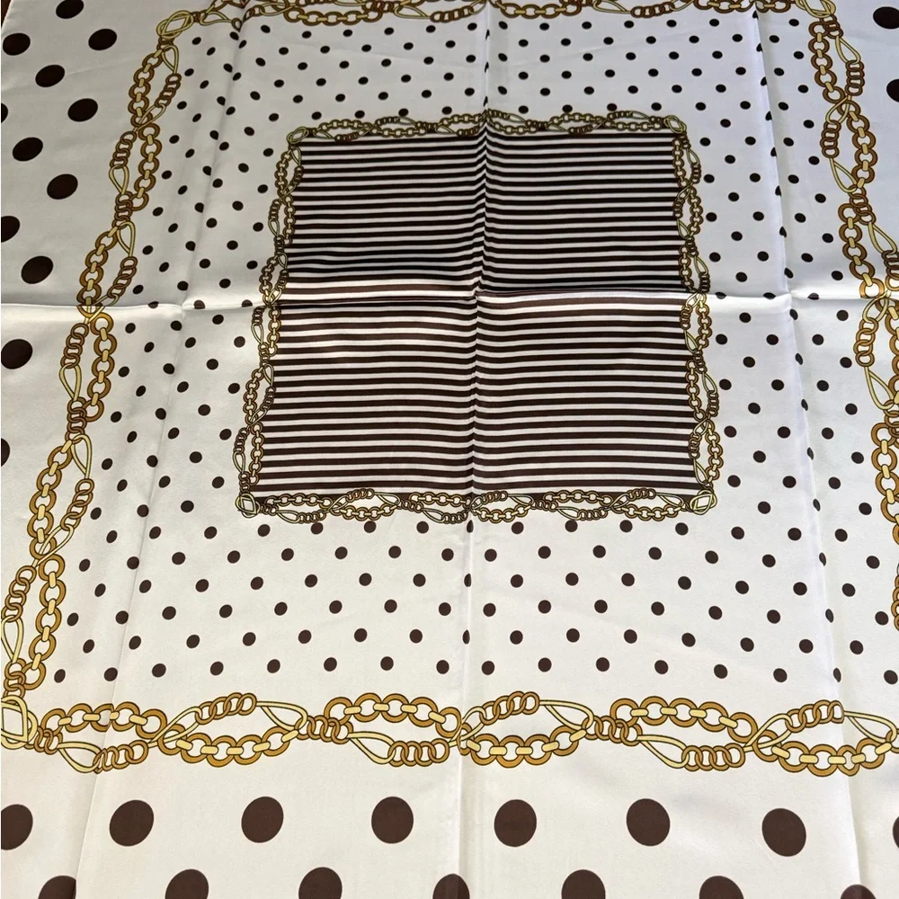 Satin White, Brown and Gold Polka Dot, Stripe and Chain Link Scarf 35x35 NEW